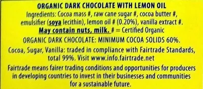 List of product ingredients Green & Black's Organic Lemon Dark Chocolate 60% Cocoa Green & Black's 100g