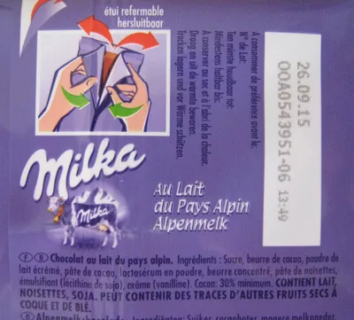 Liste des ingrédients du produit Chocolat au lait du pays alpin (Lot de 4) Milka, Kraft Foods 400 g (4 x 100 g)