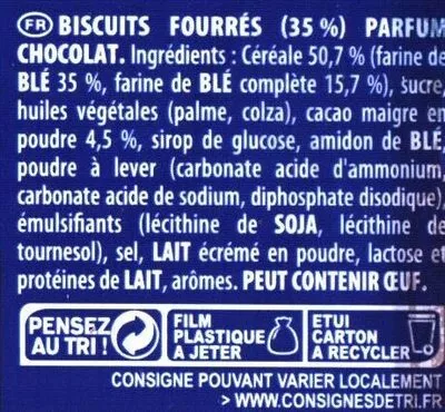 List of product ingredients Prince goût chocolat au blé complet LU 300 g ℮, (15 biscuits de 20 g)