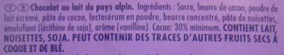 List of product ingredients Chocolat au lait du pays alpin (Lot de 6) Milka, Kraft Foods 600 g (6 x 100 g)