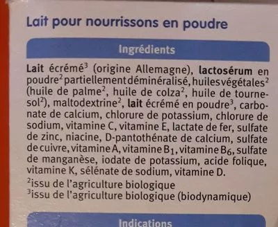 Lista de ingredientes del producto Lait Infantile 1 Age Holle 