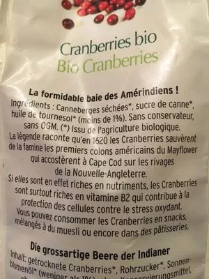 List of product ingredients Optimys Cranberries Bio 250 g Superfood 