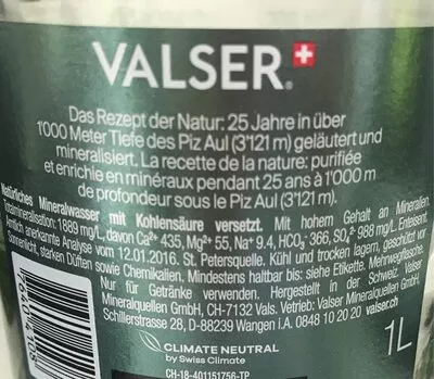 Lista de ingredientes del producto Valser Classic Valser 1 l