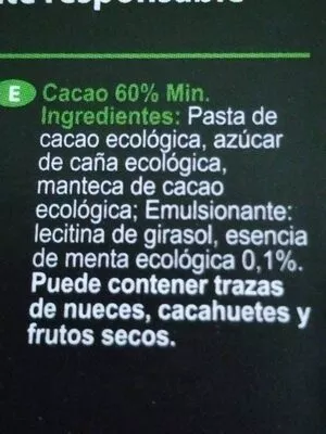 Liste des ingrédients du produit Chocolate ecólogico con aroma de menta Pacari 50 g