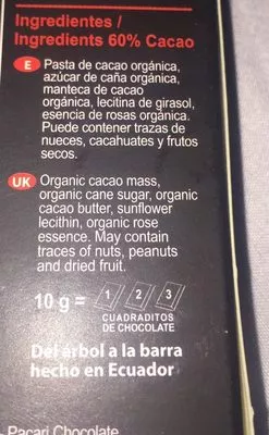 Lista de ingredientes del producto Chocolate Orgánico con esencia de Rosa Andina Pacari 