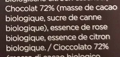 Lista de ingredientes del producto Chocolate 72% Rose+Lemon Hoja Verde 