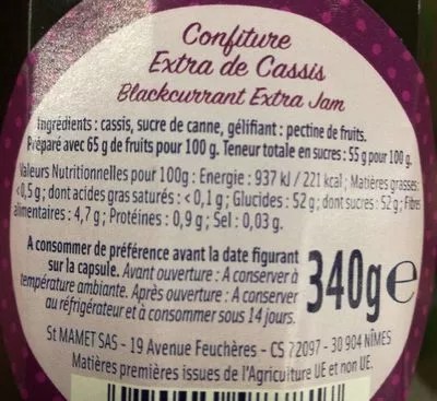 Liste des ingrédients du produit Cassis confiture St Mamet 