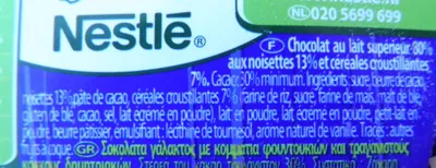 List of product ingredients Nestle crunch, milk chocolate with crisp cereals bar, hazelnut Nestlé, Crunch 100 g
