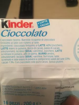 Lista de ingredientes del producto Kinder Choccolato Kinder 200 g (16 pièces)