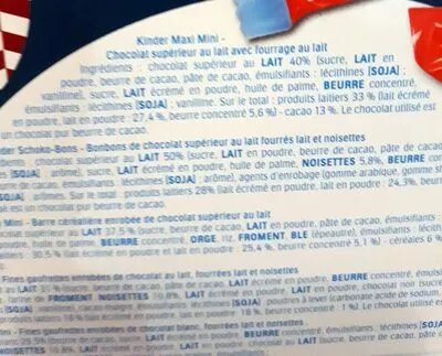Liste des ingrédients du produit Kinder happy moments calendrier de l'avent Ferrero,  Kinder 133 g
