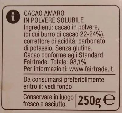Lista de ingredientes del producto Cacao Amaro in polvere Coop 250 g