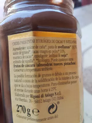 List of product ingredients Crema de cacao y avellanas ecológica Rigoni Di Asiago 