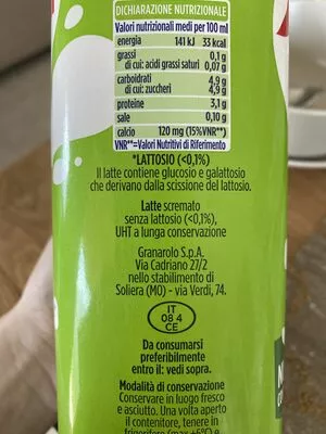 Liste des ingrédients du produit Senza lattosio senza grassi litro Granarolo 1000ml