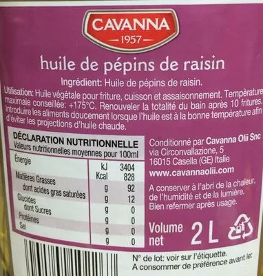 Lista de ingredientes del producto Huile pepins de raisins Cavanna 2 L