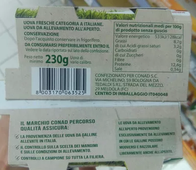 List of product ingredients 4 uova fresche da galline allevate all'aperto Conad 230 g