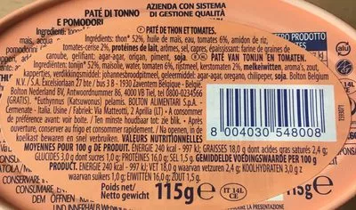Liste des ingrédients du produit Rio Mare Pate Rustico Tonno E Pomodorini Rio mare 115 g