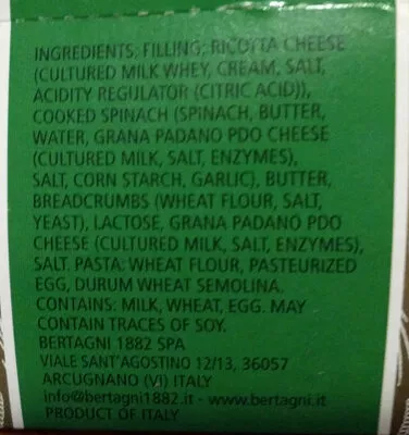 Lista de ingredientes del producto Ricota and Spinach Grandi Ravioli Bertagni 250 g