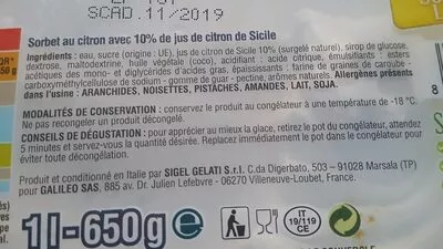 Liste des ingrédients du produit Sorbet au citron avec 10% de jus de citron de Sicile Sigel 650 g