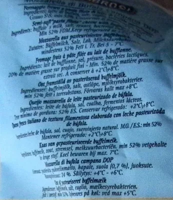 List of product ingredients Mozzarella di Bufala Campana AOP (20% MG) Ambrosi 125 g