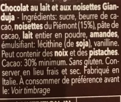Lista de ingredientes del producto Gianduja hazelnut milk chocolate Caffarel 100 g