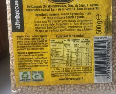 Liste des ingrédients du produit Couscous integrale Altromercato 500 g