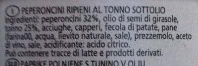 Liste des ingrédients du produit Peperoncini ripieni al tonno sottolio Delizie dal sole 190 g