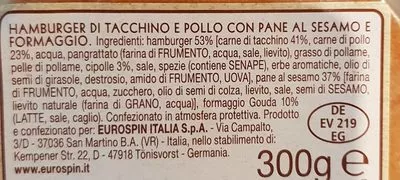 List of product ingredients 2 cheeseburger tacchino e pollo  
