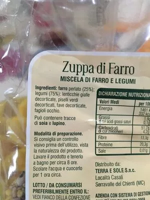 Liste des ingrédients du produit Zuppa di Farro Terra e Sole 