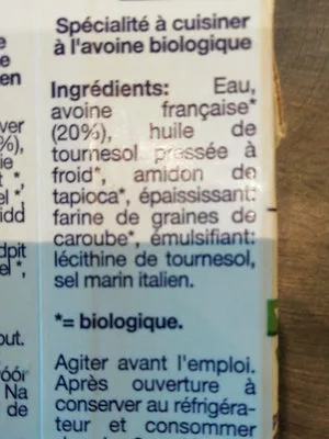 Lista de ingredientes del producto Creme Avoine Cuisine Isola bio 200ml,