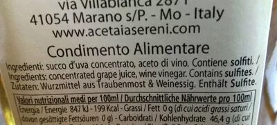 Liste des ingrédients du produit Vinaigre Acetala Sereni Agrodolce bianco Acetala Sereni 50 cl