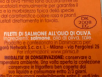 Lista de ingredientes del producto Filetti di salmone all’olio di oliva Primia 81g