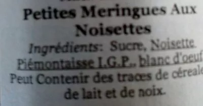 Liste des ingrédients du produit Petites meringues aux noisettes Bonfante 100 g