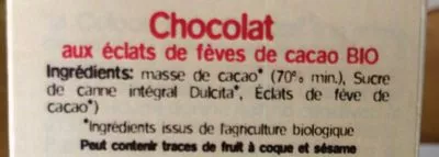 List of product ingredients Chocolat aux éclats de fèves de cacao bio Laequa 