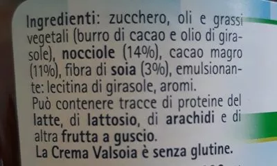 Lista de ingredientes del producto Crema para untar de avellanas y cacao con soja Valsoia 200 g