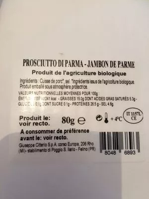 Liste des ingrédients du produit Jambon de parme Prosciutto di Parma Citterio 
