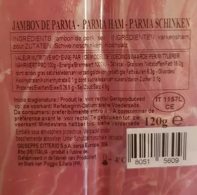 List of product ingredients Jambon de parme Citterio,  Parma 