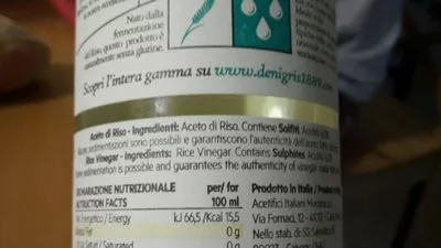 List of product ingredients Vinaigre de riz De Nigris 