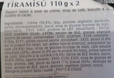 Lista de ingredientes del producto Tiramisu L'Italie des Desserts 220 g e