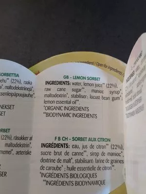 Liste des ingrédients du produit Sorbet Citron Gildo Rachelli 100 g (125 ml)