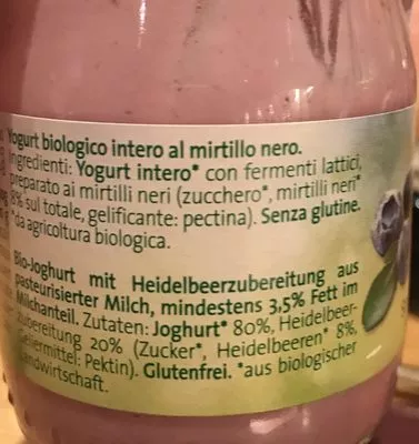 Lista de ingredientes del producto Vipipeno Uogurt Bio Mirtillo Nero GR Sterzing Vipiteno 150 g