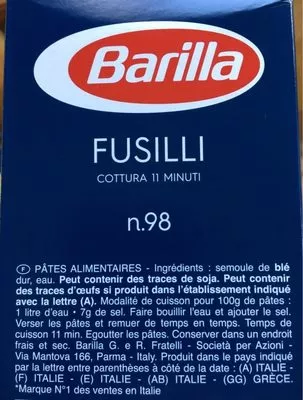 List of product ingredients Lot pâtes Fusilli x3 Barilla 1500 g