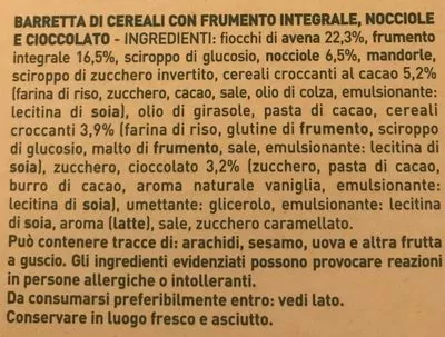 Liste des ingrédients du produit Barre de céréales - noisette et chocolat fondant Gran Cereale, mulino bianco, barilla 135 g