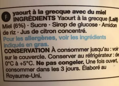 Liste des ingrédients du produit Greek Style Yogurt with Honey Marks and Spencer 450g