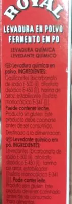 Lista de ingredientes del producto Royal Levadura Polvo 64 GR 4U Royal 60 g.