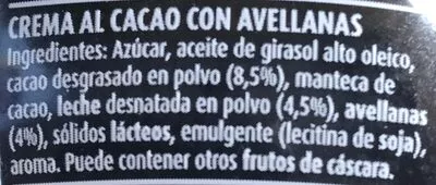 Lista de ingredientes del producto Crema de cacao y avellanas Nocilla 