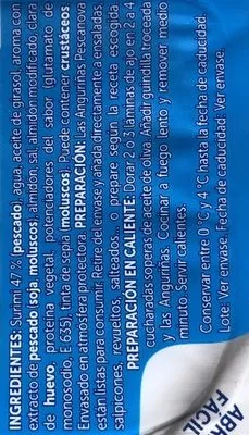 List of product ingredients Anguriñas Pescanova 