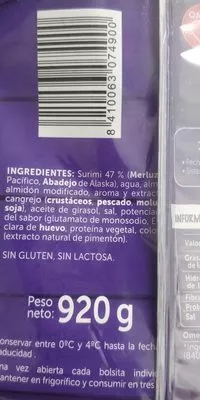 Liste des ingrédients du produit Palitos Surimi 24 palitos en 6 bolsas Pescanova 460g