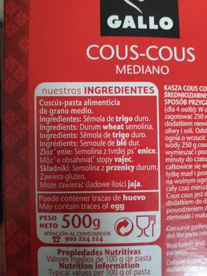 List of product ingredients Cous cous Gallo 500 g