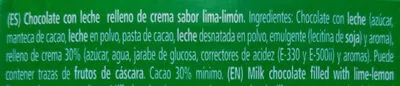 List of product ingredients Chocolate relleno de crema sabor lima-limón Tirma 