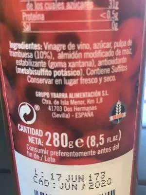 Lista de ingredientes del producto Crema de vinagre balsámico frambuesa Ybarra 280 g